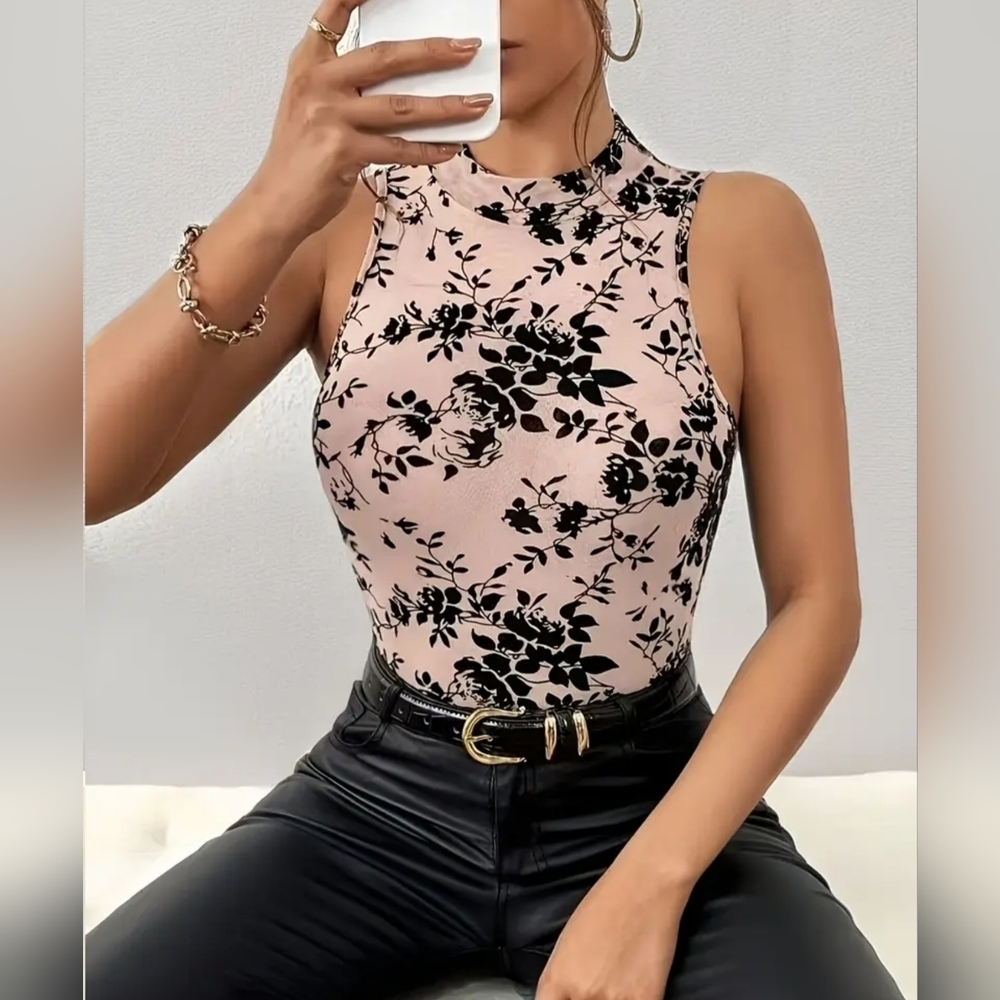 2 Pcs Floral Semi Sheer Mesh/Velvet Burnout Romantic Goth Sleeveless Bodysuit L - Picture 6 of 8